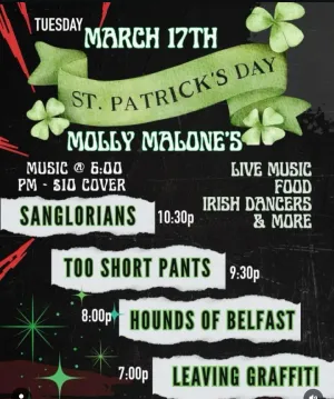 Flyer from MAR 17, 2025 show at Molly Malone's Irish Pub